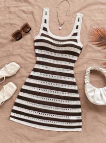 Soleia 杏色和黑色撞色条纹镂空无袖毛衣裙，适合女士休闲度假、海滩、派对、约会、下午茶、音乐节、波西米亚风、度假
