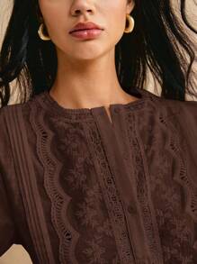 Poéselle Women Casual Solid Color Embroidery Patchwork Shirt - Coffee Brown - View 2