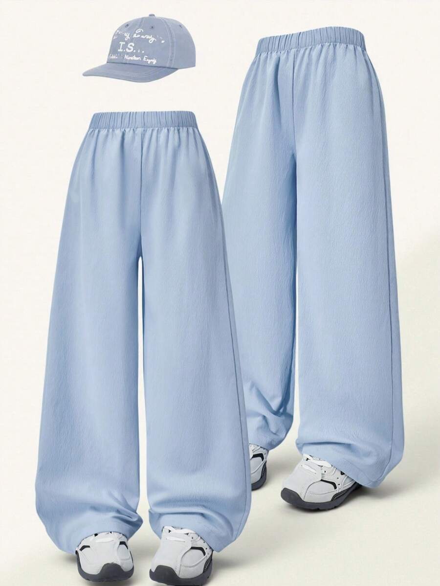 SHEIN Explorewe Tween Girl 1 件纹理面料白色休闲舒适长裤,夏季新品 - 薄荷藍 - 查看 1