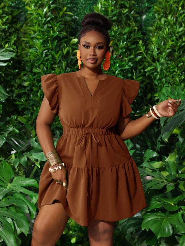 Slaydiva 2022 Spring/Summer Casual Vacation Round Neck + V-Neck Ruffle Trim Sleeve, Elastic Waist, Bow Decoration, Layered Ruffle A-Line Mini Dress, Jade Green, Plus Size - M
