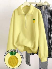 INAWLY Women's Half Open Neck Sweatshirt, Yellow Embroidered Lemon - Yellow - View 1