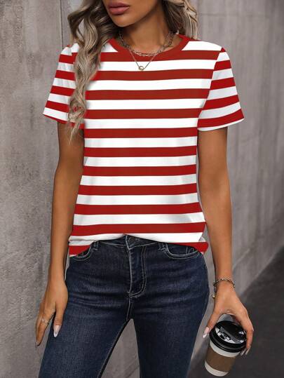 INAWLY Striped Women Crew Neck Long Sleeve T-Shirt With Printed Short Sleeve Design Graphic Tees Women Tops For Spring Fall Cloth For Women