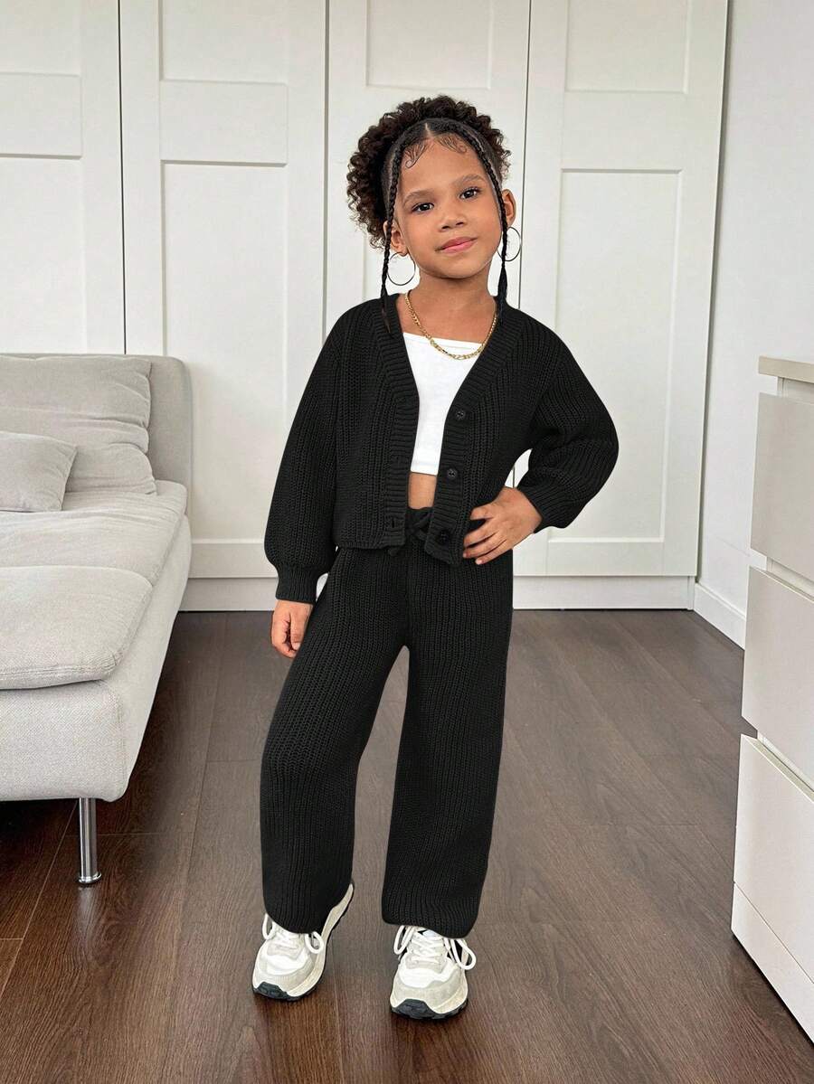 SLAYR 2pcs Young Girls Solid Color Cardigan And Knitted Full-Length Pants Sweater Set Girls 2 Piece Set Girls Ribbed Set Two Piece Pants Set Kids Girls 2 Piece Outfit Girls Knit Set Kids Back To School Girls Sweater Pants Set Fall Winter - Black - View 1
