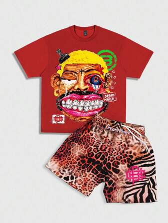Street Life Men's Vintage Cartoon Character Print Short Sleeve T-Shirt And Leopard Print Shorts Set