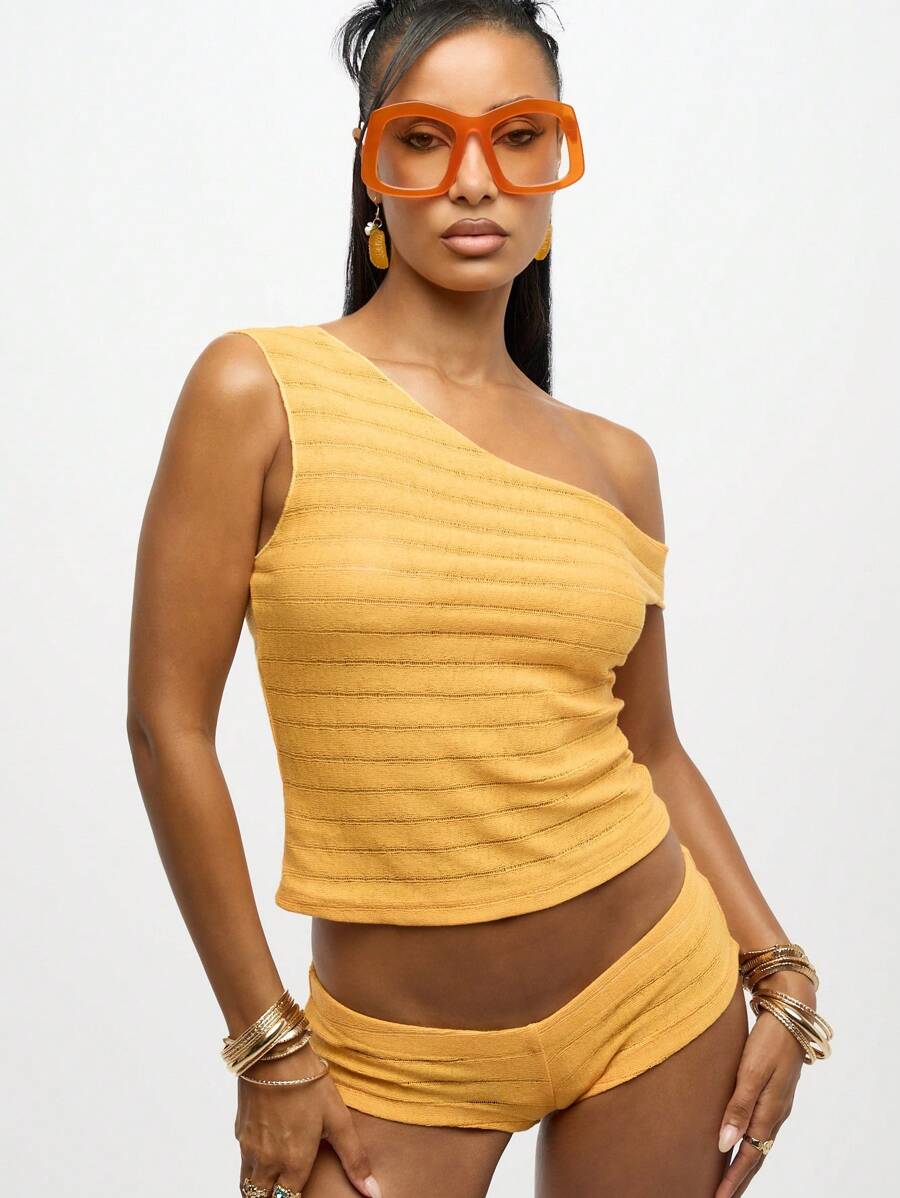 SUMWON WOMEN Ribbed Knit Asymmetric One Shoulder Summer Festival Crop Top Hot Pants Beach Co Ord Set Retro Style Party Outfit - Yellow - View 1