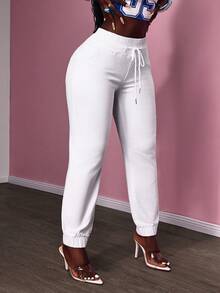 TrendSteals Women's Casual Plain Drawstring Waist Denim Long Pants - White - View 4