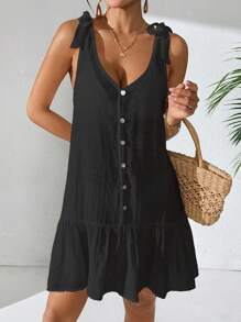 Swim Vcay Women's Summer Beach Solid Color Sleeveless Tie Shoulder Shell Button Ruffle Hem Vacation Kaftan Dress