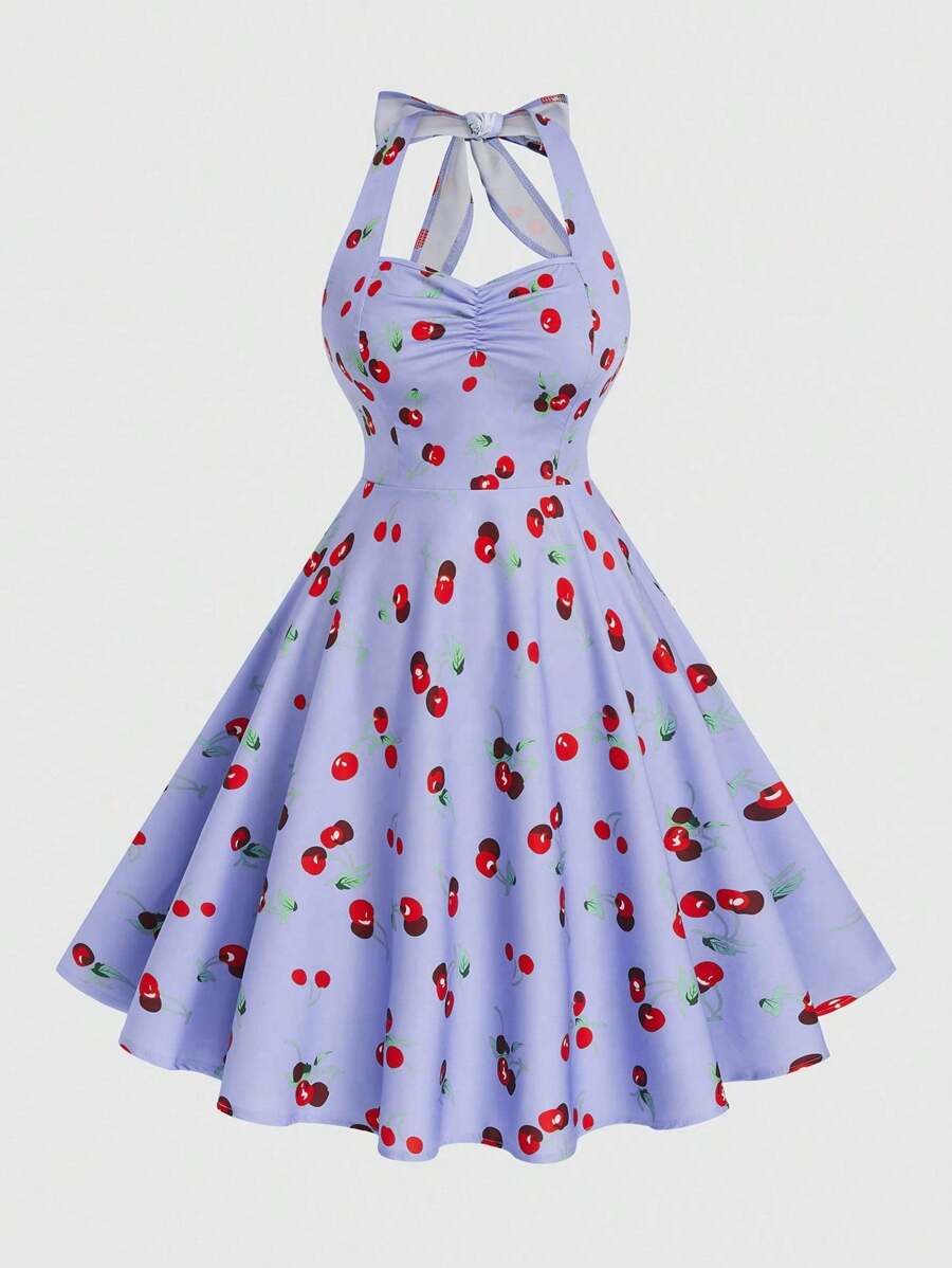 Sweetra Plus Size Halter Waist Cinching Cherry Print Sleeveless A-Line Dress - Multicolor - View 1
