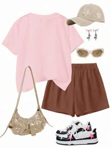 SHEIN Tween 女童休闲简约短袖短裤两件套，适合夏季 - 彩色 - 查看 2