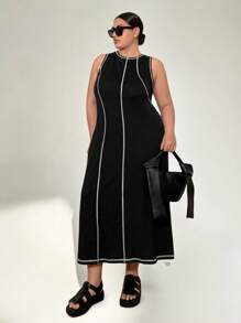 Auralis 大码女式休闲宽松无袖连衣裙，春夏 - 黑色 - 查看 3