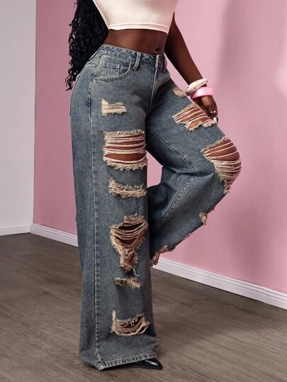 Slaydiva Women's Vintage Distressed Acid Wash Wide Leg Jeans