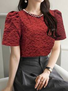 DAZY 女士优雅婚礼宾客服装纹理圆领短袖串珠T恤 - 酒紅色 - 查看 4