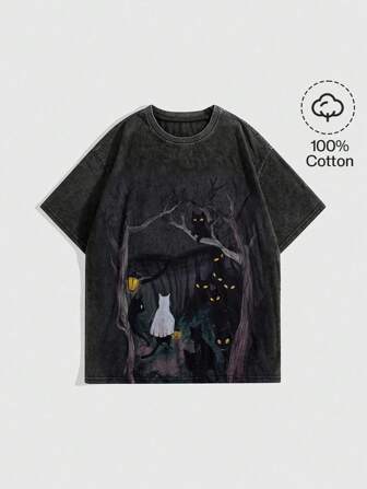 Academia Damen Lässig Street Fashion Dunkel Akademie Katzen- & verwaschener Blume Muster Oversized T-Shirt, Sommer