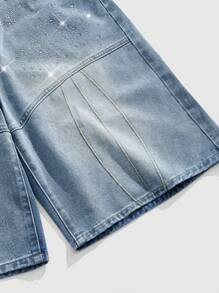 ROMWE MEN Casual Pantalones cortos de mezclilla azul claro para hombre con bolsillos y decoración de rhinestones para el verano - Lavado ligero - Ver 4