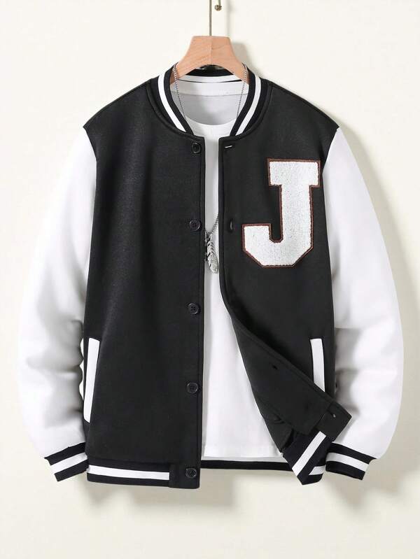 Teen Boy Fashionable Colorblock Letter Print Button Jacket