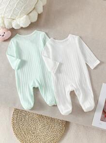 2 件新生儿舒适家居服，甜美可爱提花白色和浅绿色长袖连脚连体衣套装 - 彩色 - 查看 8