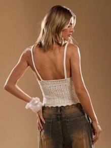 SHEIN BAE 女士仿珍珠细肩带镂空针织上衣，时尚 - 米色 - 查看 2