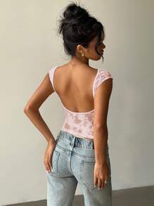 Aloruh Lace Splicing Short Sleeve Sexy Backless Top - Baby Pink - View 6