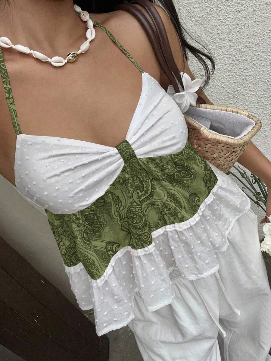 Sunnyshic 女士夏季度假休闲佩斯利拼接欧根纱细肩带 - 綠色 - 查看 1