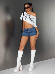 Jeanoix 女士性感低腰迷你牛仔短裤，夏季 - 中等水洗藍 - 查看 3