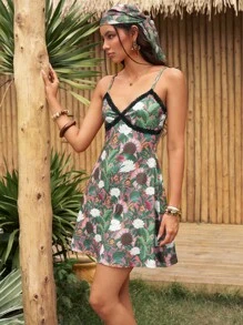 ROMWE The White Lotus Contrast Lace Floral Print Mini Dress - Multicolor - View 3