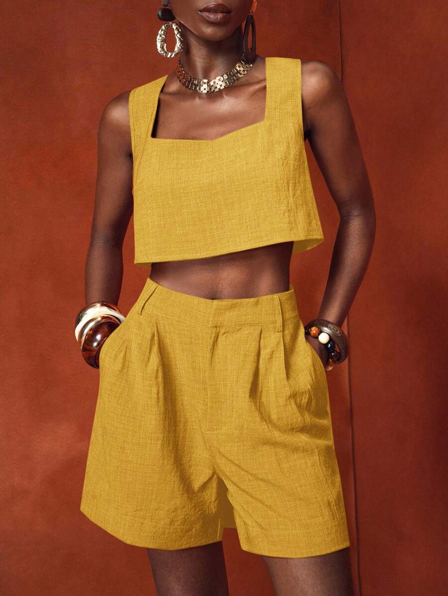 Zivah Bộ 2 món: Áo cổ vuông không tay và quần short trơn màu có họa tiết, Phù hợp cho kỳ nghỉ, Thường ngày, Đi làm, Ngày của Mẹ, Đám cưới, Lễ hội âm nhạc, Cocktail, Câu lạc bộ, Xuân/Hè 2025, Bộ đồ hai mảnh màu đỏ nâu/Vải lanh/Bộ đồ hai mảnh màu vàng/Bộ đồ hai mảnh mùa hè cho nữ - Màu vàng - Xem 1