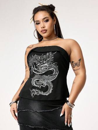 Grunge Punk Top-bandeau ajusté subculture Y2K imprimé dragon avec fente bas, grande taille pour femmes