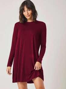 EURMUSE Women Solid Color Round Neck Long Sleeve Casual Loose Short Dress - Burgundy - View 3