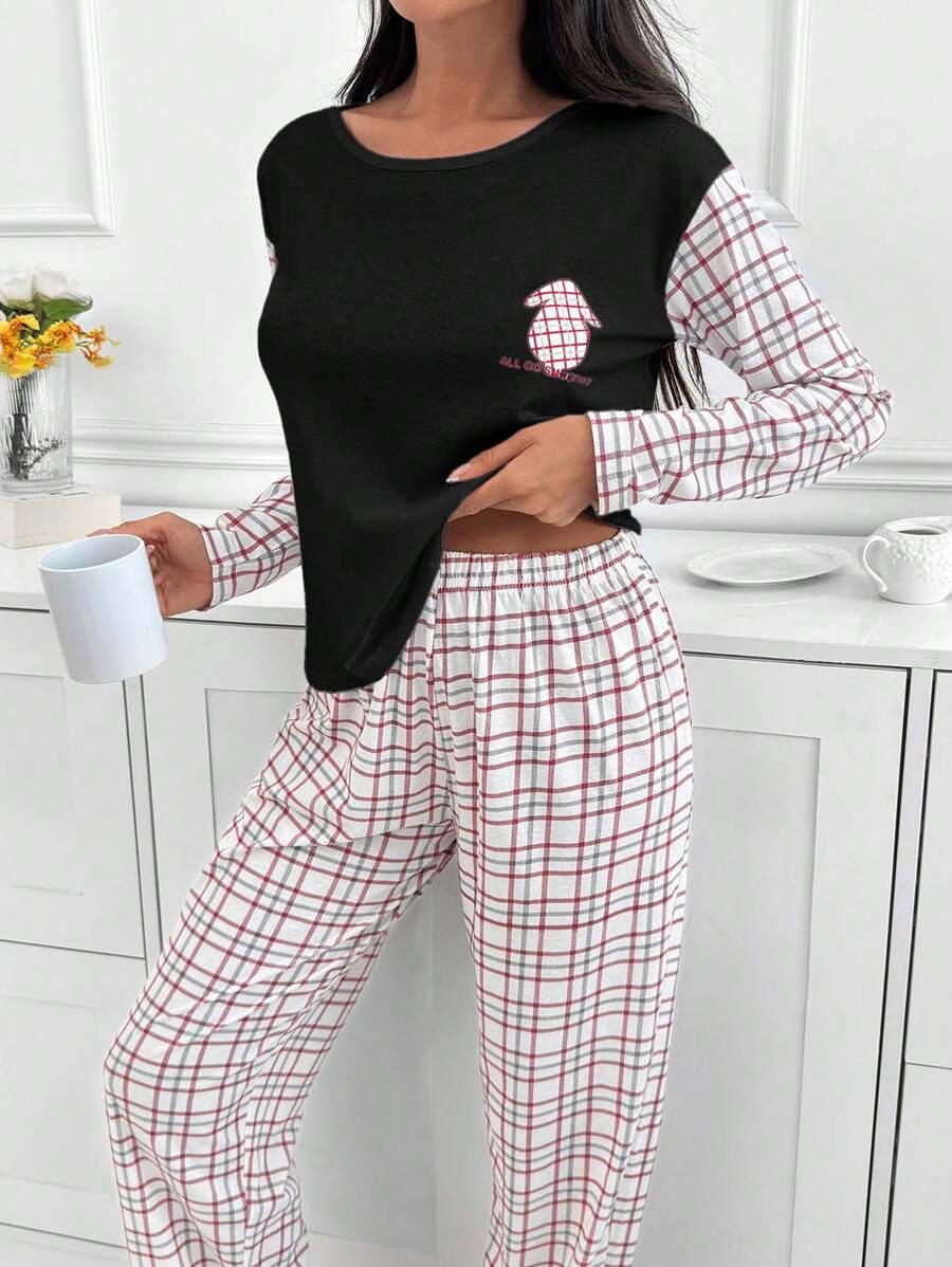 SHEIN Cottnline 2件套棉质格子衬衫和格子图案休闲裤家居服套装 - 黑色 - 查看 1