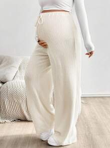 SHEIN 秋装,秋季服装,孕妇装 秋冬孕妇装 抽绳装饰松紧腰纯色阔腿裤 孕妇裤 白色阔腿裤 针织裤 阔腿裤 喇叭裤