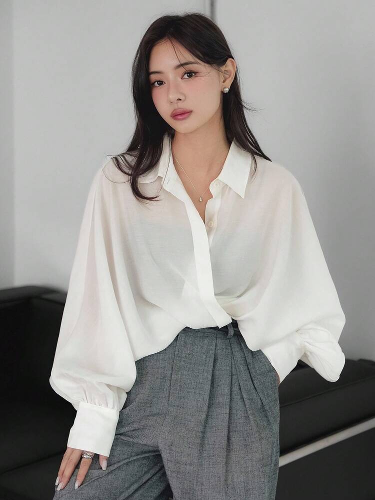 Women's Loose Business Casual Office Wear Shirt With Cross Design Waist And Straight Hem, Spring, Autumn,Fall Women Clothes Long Sleeve Top