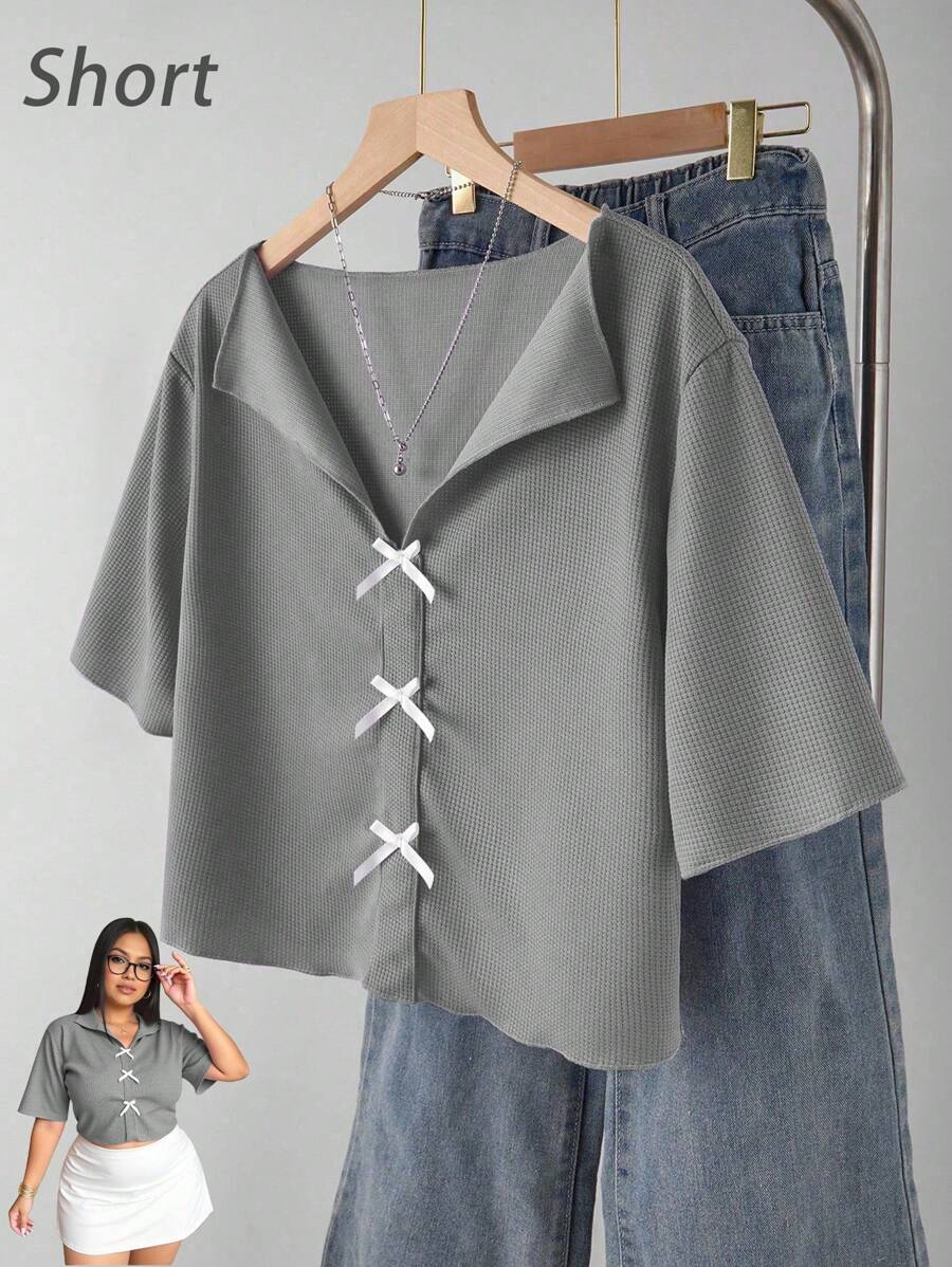 Camiseta de mujer talla grande de manga corta con cuello en V, volantes y lazo, elegante y dulce, casual a juego madre-hija (2 piezas se venden por separado), tops casuales de verano