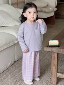 Dazy Kids Baby Girl Casual Knit Round Neck Short Sleeve Top And Plaid Loose Pants, Pajama Set Toddler - Purple - View 10