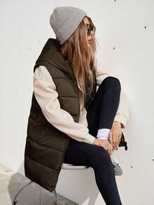 Aveloria Affinna 女式黑色连帽背心，中长款设计，时尚无袖加厚保暖聚酯纤维合成保暖冬季外套，冬季夹克，2024 年秋冬服装新品 - 棕色 - 查看 5
