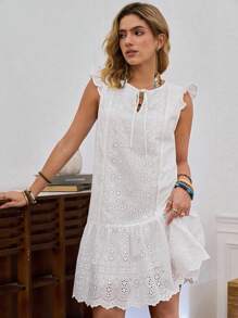 LanaWest Women's Summer White Boho Mini Dress,Round Neck Cutout Ribbon Tassel Frill Trim Embroidered Smocked Waist Loose Casual Vacation Holiday Dress - White - View 5