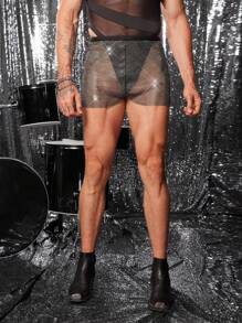 FeverCity Men's Sexy Shiny Mesh Rhinestone Shorts - Black - View 4