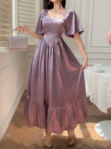 DAZY 女士蕾丝拼接中长连衣裙，荷叶边袖口和系带腰身，优雅夏季女装 - 紫色 - 查看 5