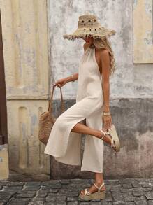 Brillora Spring Solid High Slit Hem Halter Neck Backless Summer Women Beach Long Dress