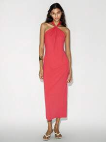 Lumivelle Women Halter Neck Strapless Dress With Pleated Details, Open Back And Slit