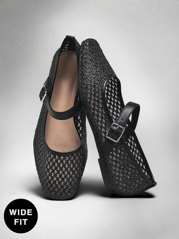 SHUZIA Ballerines décontractées à brides avec boucle, bout carré tressé, coupe large pour femmes