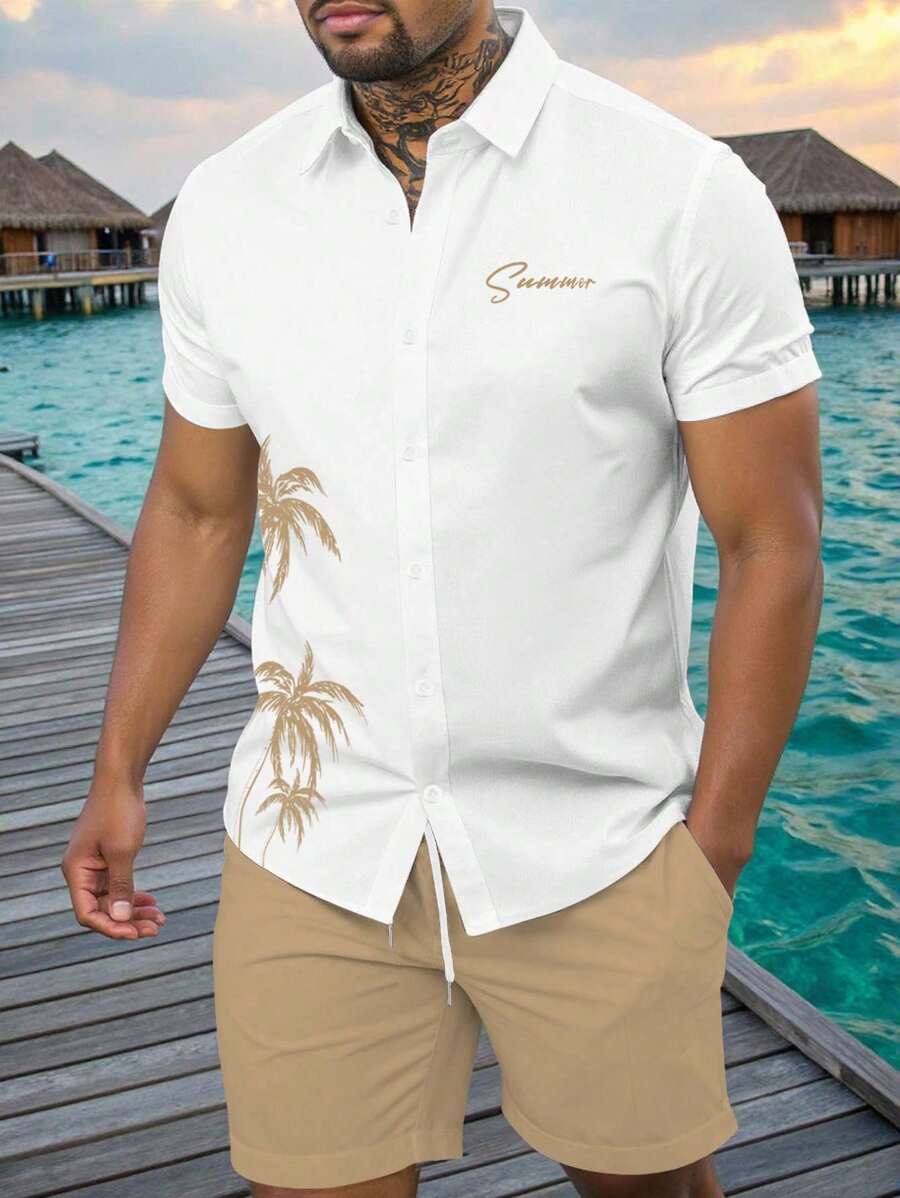 Manfinity RSRT 2 件套男士短袖纯色衬衫和短裤套装，夏季时尚（无印花、无图案）海岛度假装男士度假服装，舒适装 - 彩色 - 查看 1