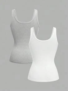 Slaydiva 2 件装女式休闲百搭 V 领罗纹背心，白色 + 灰色，2025 年夏季