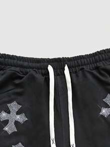 ROMWE MEN Street Life Pantalones cortos negros con cintura ajustable con cordón, decorados con cruces y rhinestones para hombre