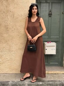 Breezaya Women's Sleeveless Solid Color Long Casual Summer Dress - Coffee - View 3