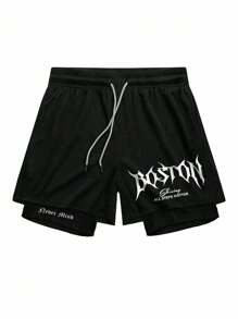 Manfinity Sport Corelite 1 件男士夏季休闲字母印花抽绳腰运动短裤速干透气吸汗图案设计修身越野跑步健身性能短裤