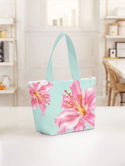 Fairycore Pink Lily Pattern Lunch Bag, Office Worker & Student Lunch Box Tote, Preppy Color Block