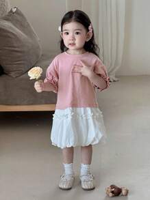 Dazy Kids Kleinkind Mädchen Rundhals Kontrast Farbige Puffärmel Midi Sommer Lässig Kleid