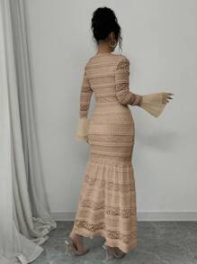 Rafferiza Women's Solid Color Mesh Patchwork Slim Fit Elegant Long Sleeve Dress Fall Cloth For Women - Khaki - View 2