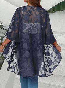 EMERY ROSE Plus Size Women Floral Jacquard Netted 3/4 Sleeve Open Front Jacket Cardigan - Navy Blue - View 2