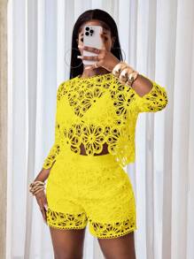 BamGleam 性感镂空蕾丝透视喇叭袖四季针织女式衬衫，女士上衣，修身优雅圆领上衣 - 黃色 - 查看 3